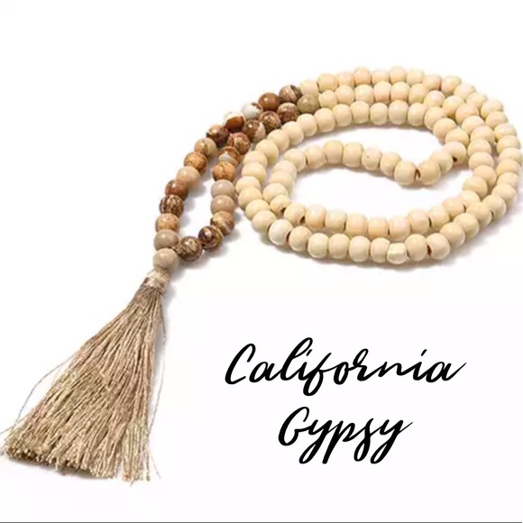 Jewelry - Jasper Wood Bead Tassel Boho Necklace